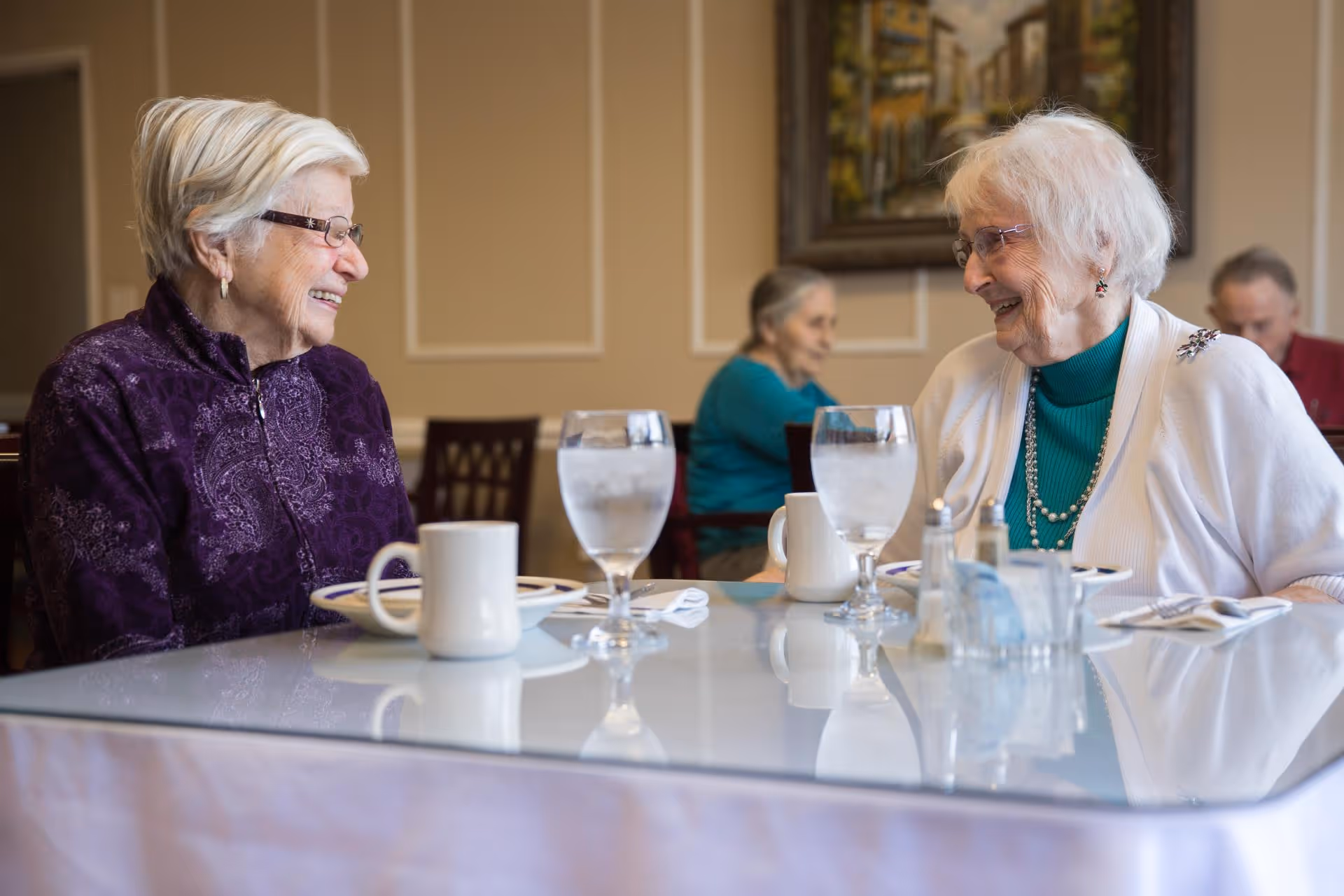 Two elderly women sitting at a dining table in a well-lit room, smiling and engaging in conversation. The table has glasses of water, coffee mugs, and tableware. In the background, other elderly individuals are seated, and a framed painting hangs on the wall.