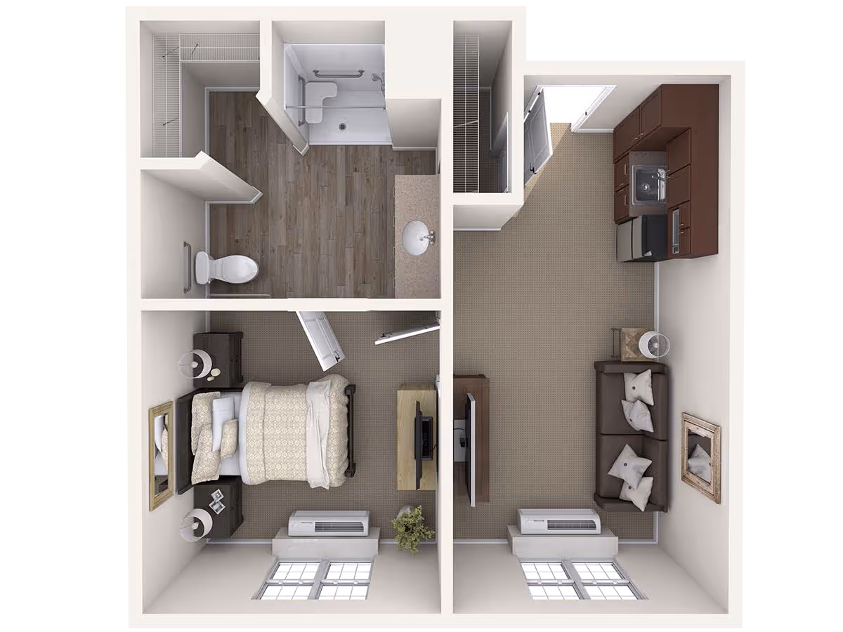 3D floor plan of a senior living apartment at Provision Living at West Clermont showing a bedroom with a bed, nightstands, dresser, and TV, a bathroom with a shower, toilet, and sink, and a living area with a sofa, side table, TV, and a kitchenette with cabinets, sink, and appliances.