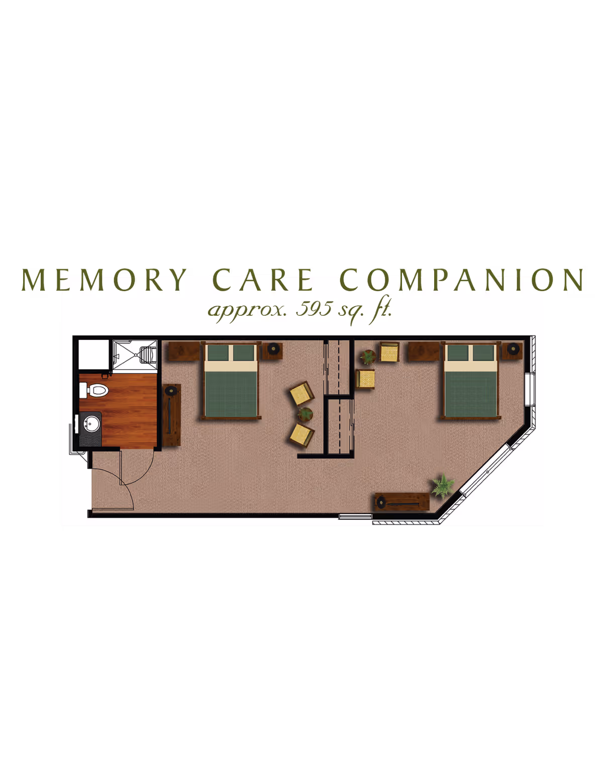 Floor plan of a memory care companion unit approximately 595 square feet, featuring two bedrooms each with a bed and nightstand, a shared bathroom with a toilet and sink, and a central sitting area with chairs and small tables.