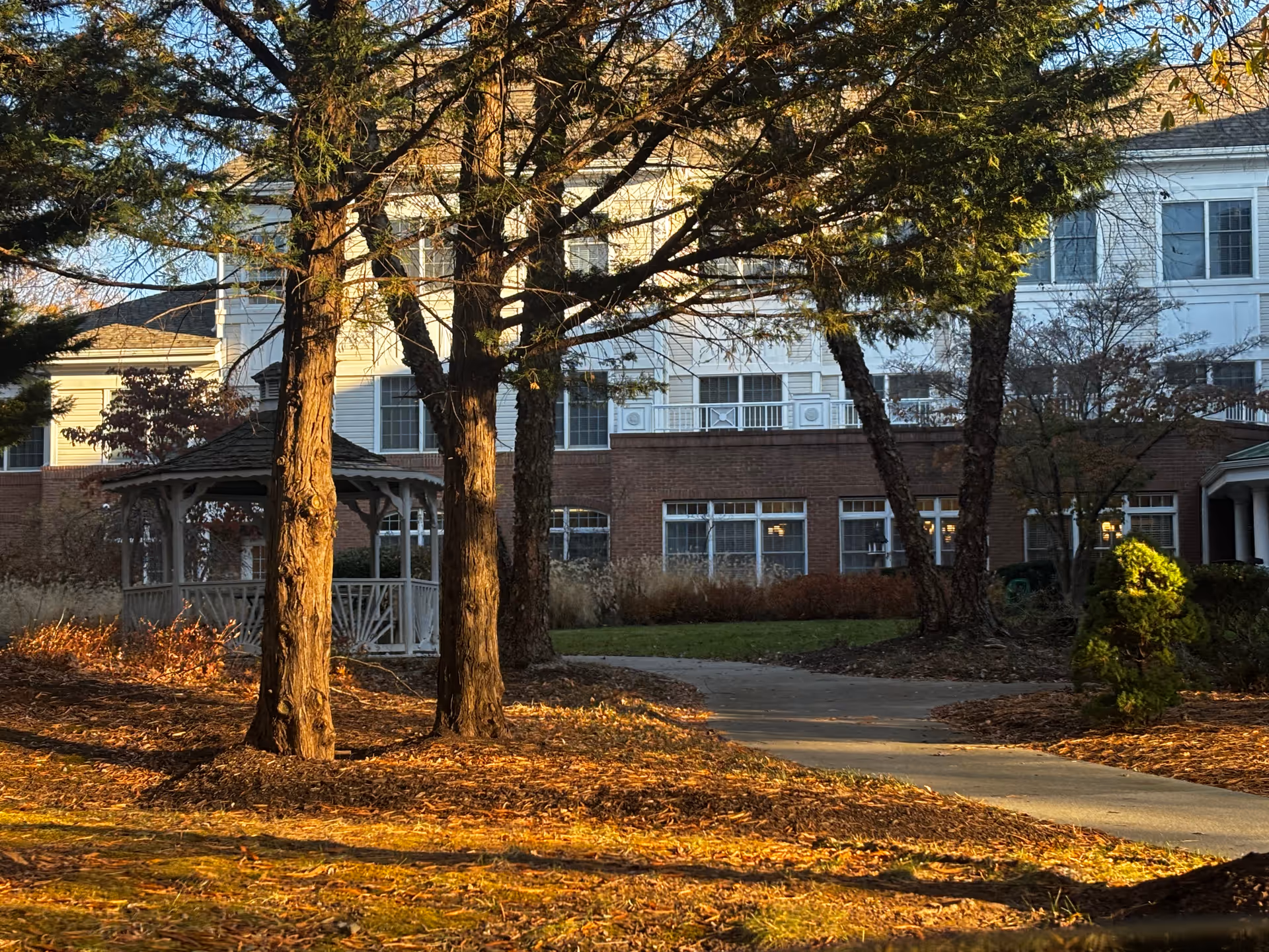 Outdoor view of a senior living facility with a paved walkway, several trees, a white gazebo, and a multi-story building in the background during late afternoon with warm sunlight.
