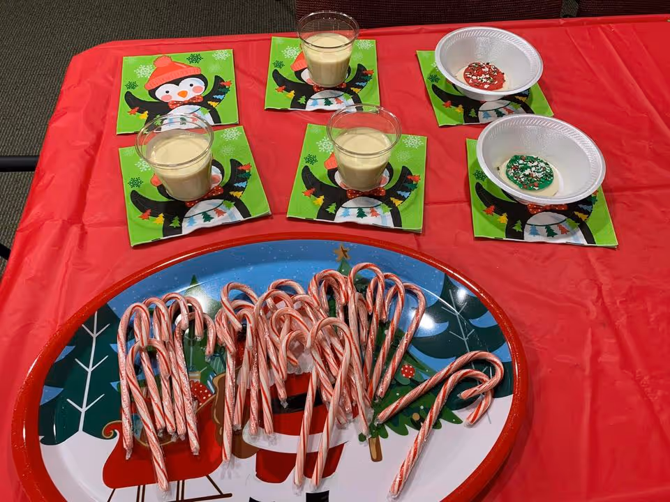 A festive table setting with a red tablecloth featuring a large tray of candy canes, four cups of eggnog on green napkins with penguin designs, and two bowls each containing a decorated Christmas cookie on similar penguin napkins.