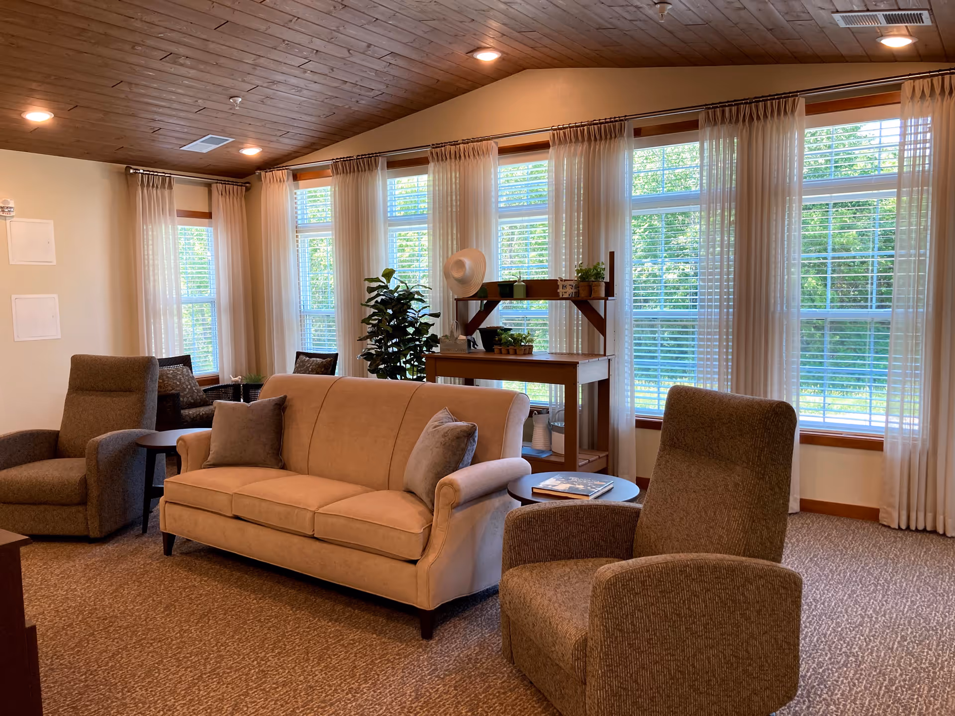 Sunlit communal living room with a sofa, armchairs, large windows and a plant-decorated console table.