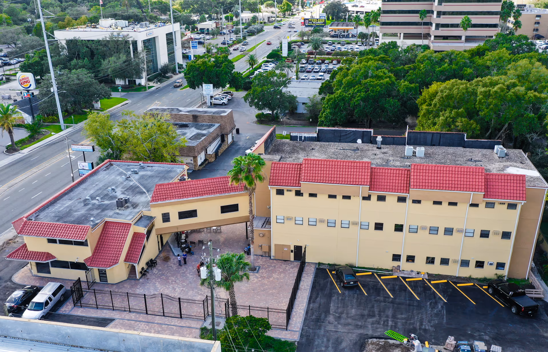 Aerial view of Best Care Senior Living at Saint Joseph exterior with red-tiled roofs.