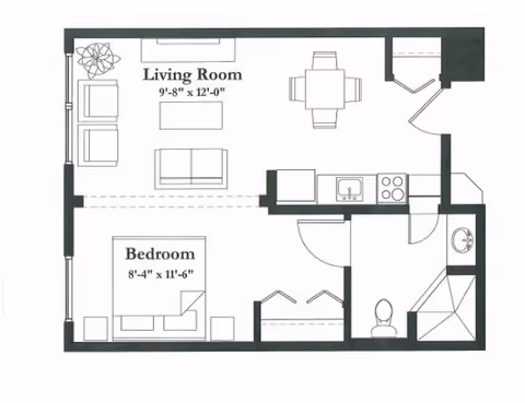 Architectural floor plan of a senior living unit at Parkshore Senior Campus showing a living room, bedroom, kitchen, and bathroom with dimensions.