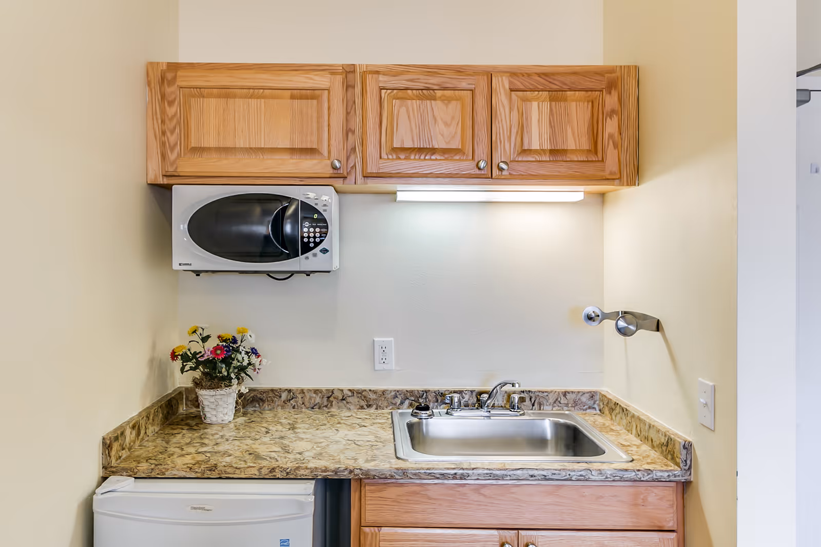 Small kitchenette area with a stainless steel sink, marble-patterned countertop, wooden cabinets above and below, a microwave mounted under the upper cabinets, a small white refrigerator below the counter, and a small potted plant with colorful flowers on the counter.