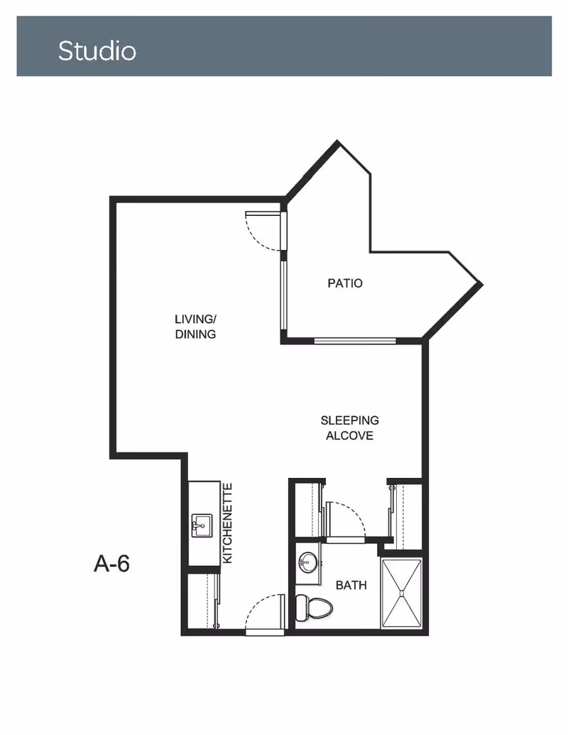 Floor plan of a studio apartment at Holiday Echo Ridge labeled A-6, showing a living/dining area, kitchenette, sleeping alcove, bath, and patio.