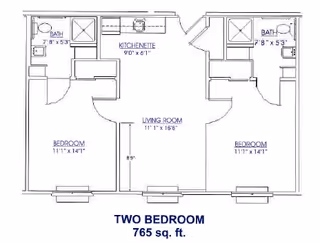 Architectural floor plan of a two-bedroom apartment with a total area of 765 square feet. The layout includes two bedrooms, each measuring 11'1" x 14'1", two bathrooms, each measuring approximately 7'8" x 5'3" to 5'9", a kitchenette measuring 9'0" x 6'1", and a living room measuring 11'1" x 16'6". The plan shows doors, windows, and fixtures for each room.