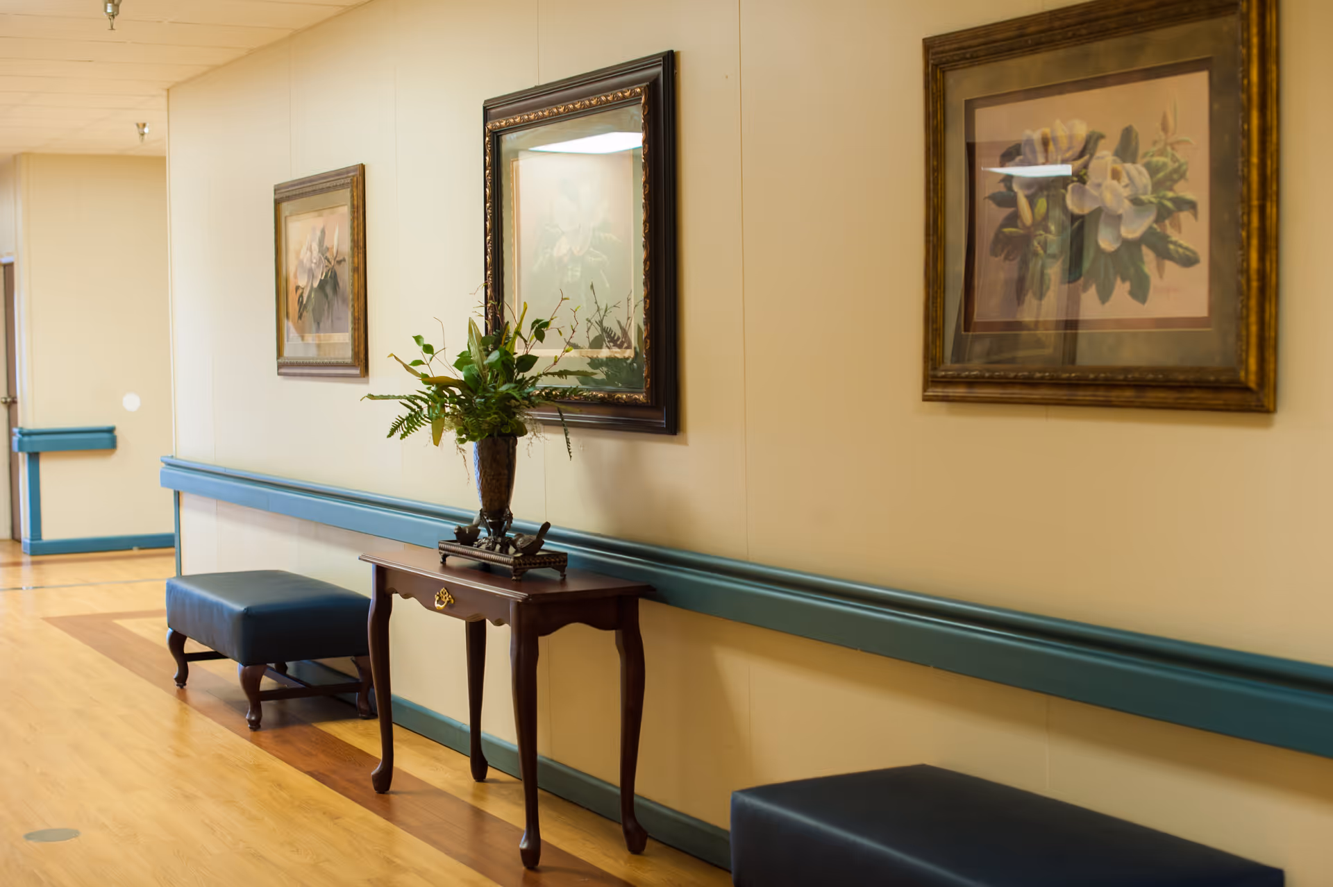 A hallway in a care facility with wooden flooring and beige walls. The hallway features a small wooden table with a decorative plant on top, two framed floral paintings on the wall, and two blue cushioned benches along the wall. A blue handrail runs along the length of the wall.