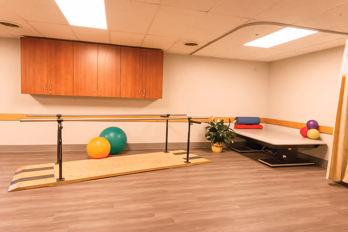 Exercise/therapy room with parallel bars, colorful therapy balls, a treatment table, wall cabinets, and wood‑look flooring.