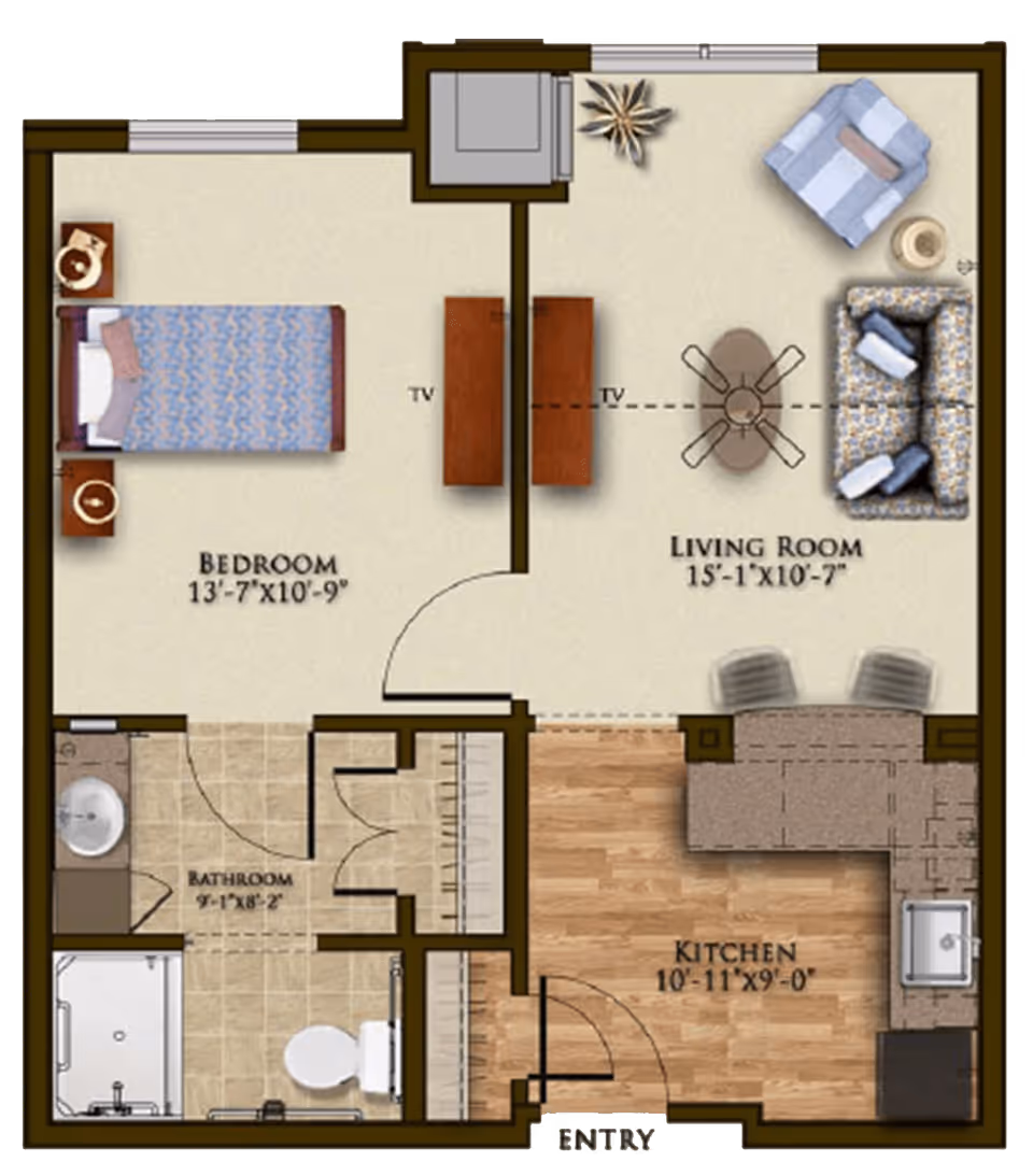 Floor plan of a senior living unit at Harmony at Brentwood showing a bedroom with a bed and two nightstands, a bathroom with a shower, toilet, and sink, a living room with a sofa, armchair, coffee table, and TV, and a kitchen with a sink, counter, and two chairs at a counter. The entry door opens into the kitchen area.