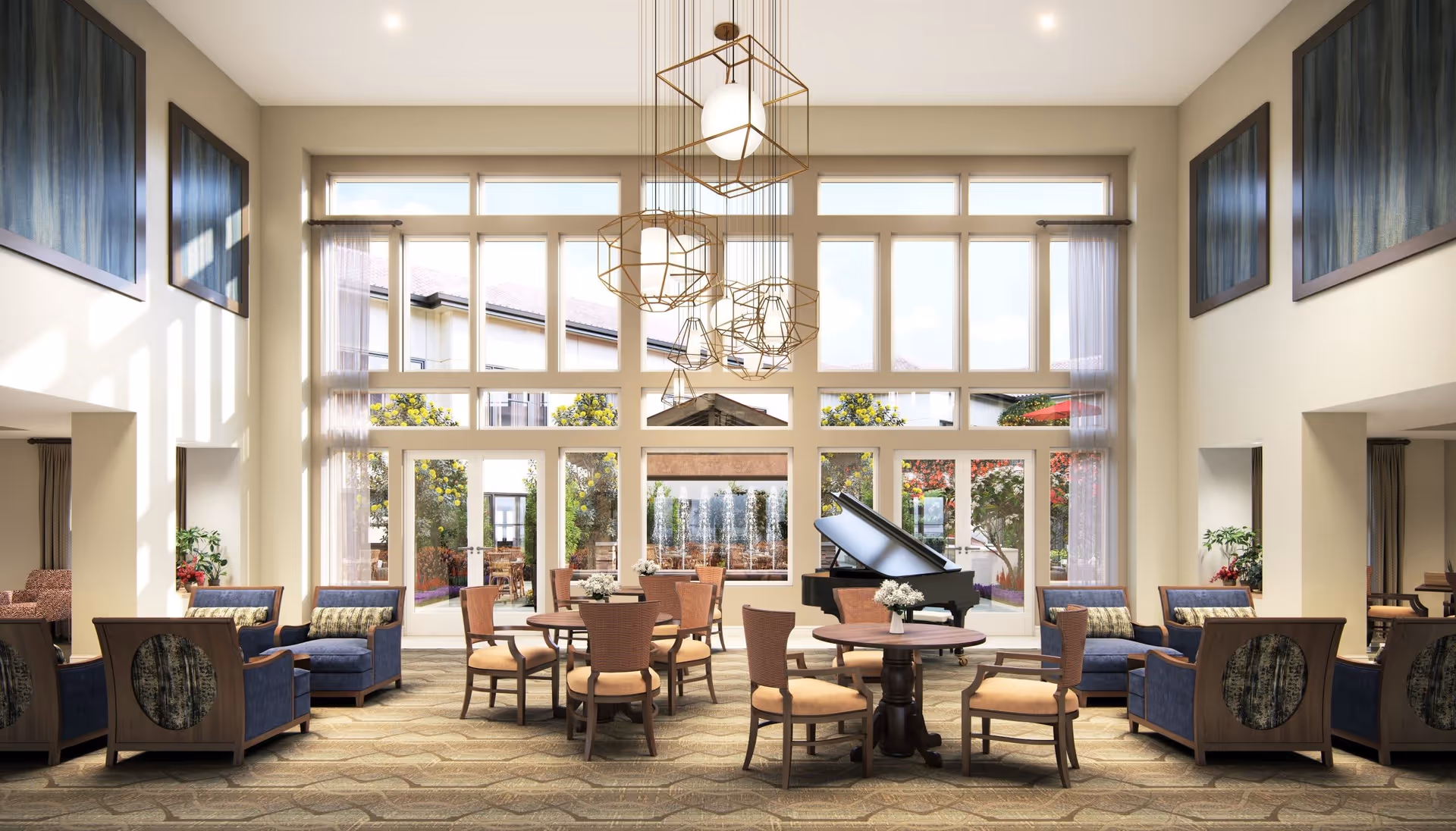 Spacious, well-lit communal lounge with seating, round tables, and a grand piano in front of large floor-to-ceiling windows.
