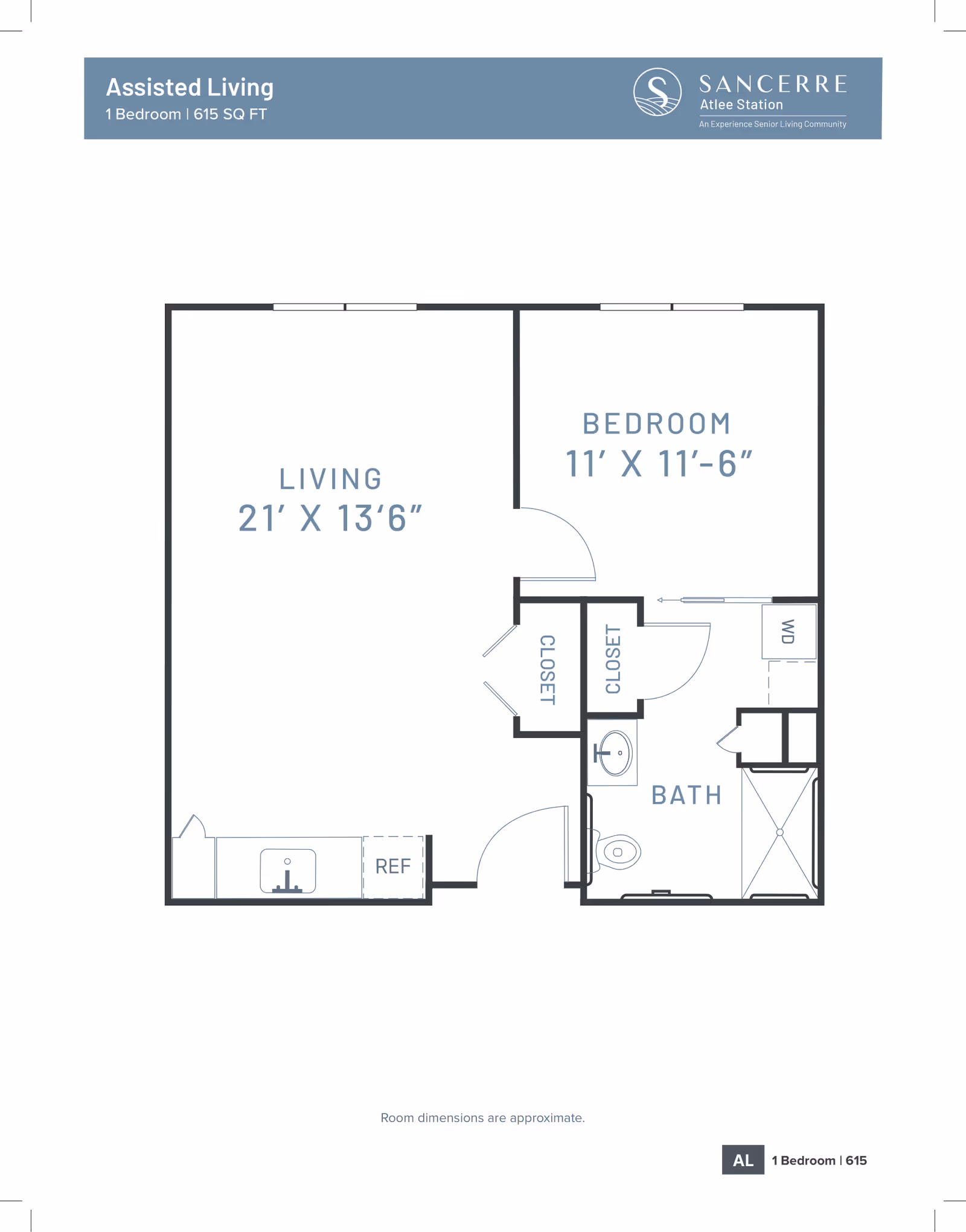 Floor plan of a one-bedroom assisted living unit at Sancerre Atlee Station showing a 21' x 13'6" living room, 11' x 11'6" bedroom, bathroom, closets and kitchenette.