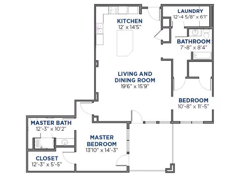 Floor plan layout of a residential unit at Ambriant at Austin Village showing labeled rooms including kitchen, living and dining room, laundry, bathroom, bedroom, master bedroom, master bath, and closet with dimensions.