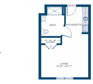 Floor plan of a living space at Somerby St. Vincent’s One Nineteen showing an entry, kitchenette, bath, closet, and a living area measuring 15 feet 8 inches by 14 feet 7 inches.