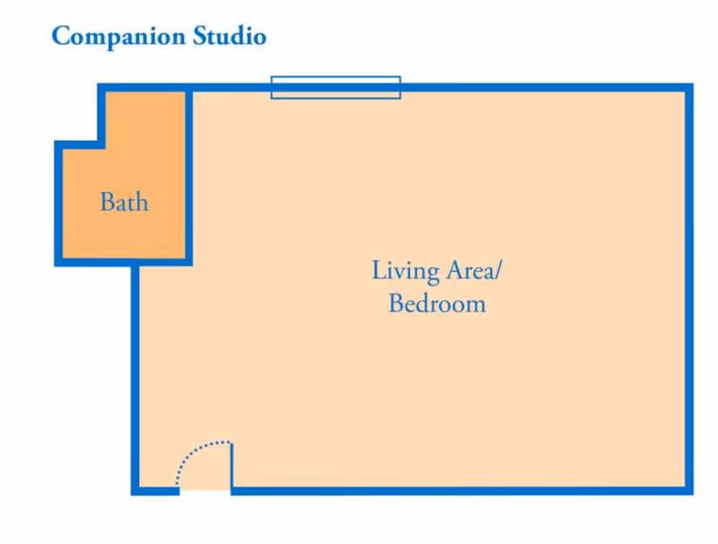 Floor plan of a companion studio apartment showing a combined living area and bedroom space with an attached bathroom.