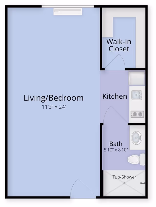 Floor plan of a studio unit showing a combined living/bedroom (11'2" x 24'), kitchen, bath with tub/shower, and walk-in closet.
