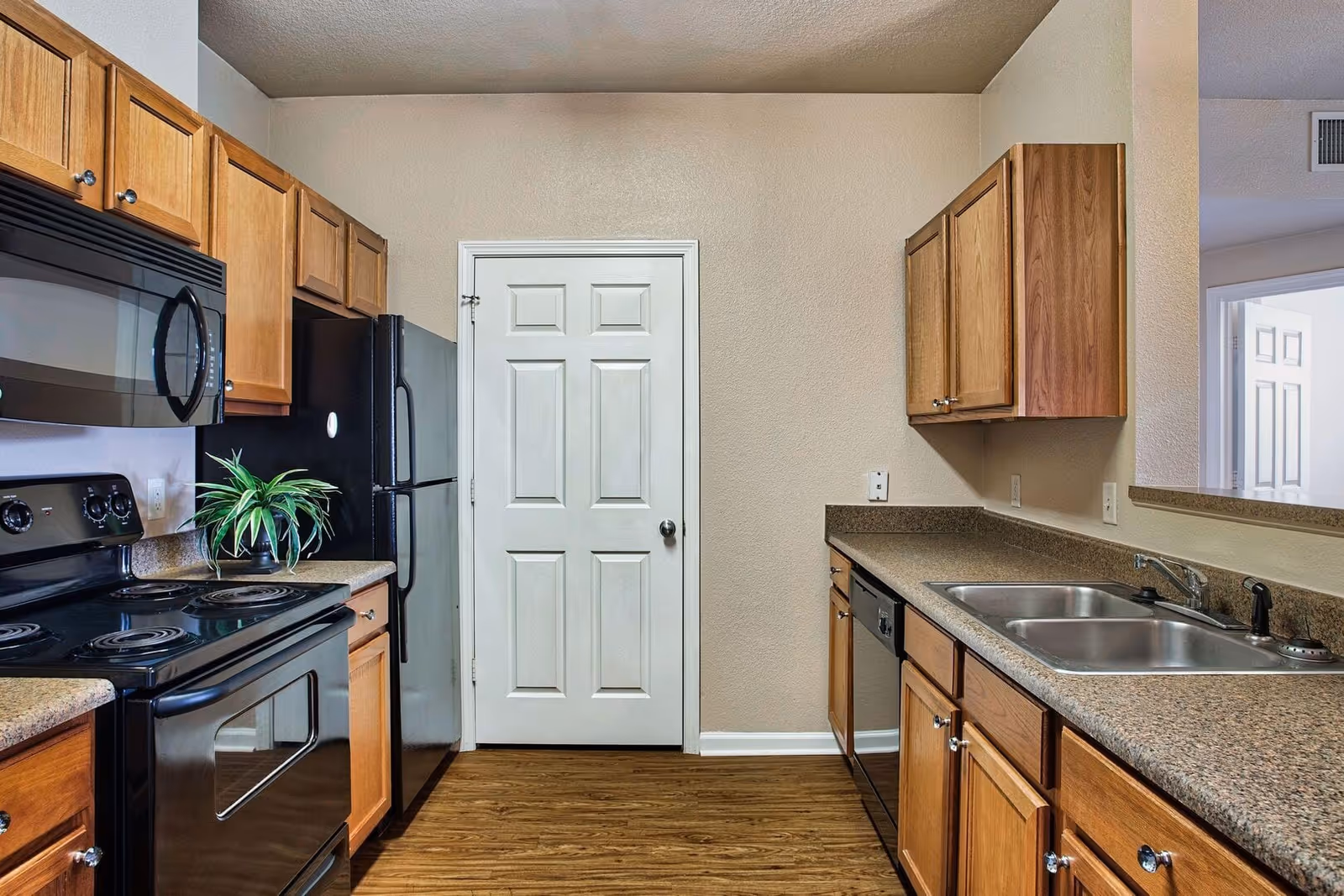 A kitchen with wooden cabinets, black appliances including a stove, microwave, refrigerator, and dishwasher. There is a double sink on the right side with a granite countertop and a small green plant on the left countertop. The floor is wooden, and there is a white door at the end of the kitchen.