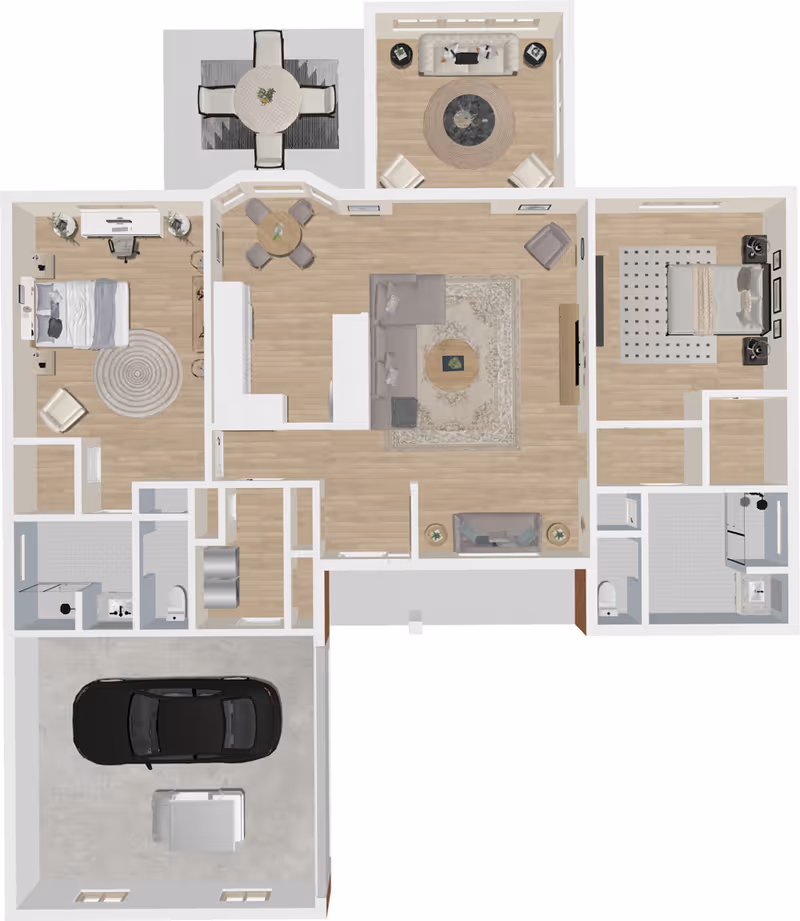 Top-down view of a residential floor plan showing two bedrooms, a living room with sectional sofa and armchair, a dining area with round table and four chairs, a kitchen with appliances, two bathrooms, a garage with a black car and a smaller vehicle, and an outdoor patio with a round table and four chairs.