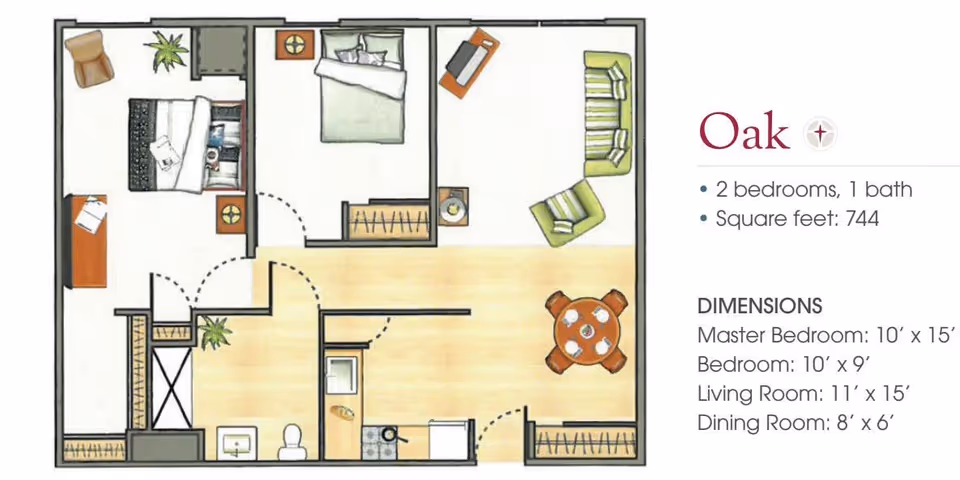 Illustrated floor plan labeled "Oak" showing a two-bedroom, one-bath apartment layout with living room, dining area, kitchen, furniture and room dimensions.