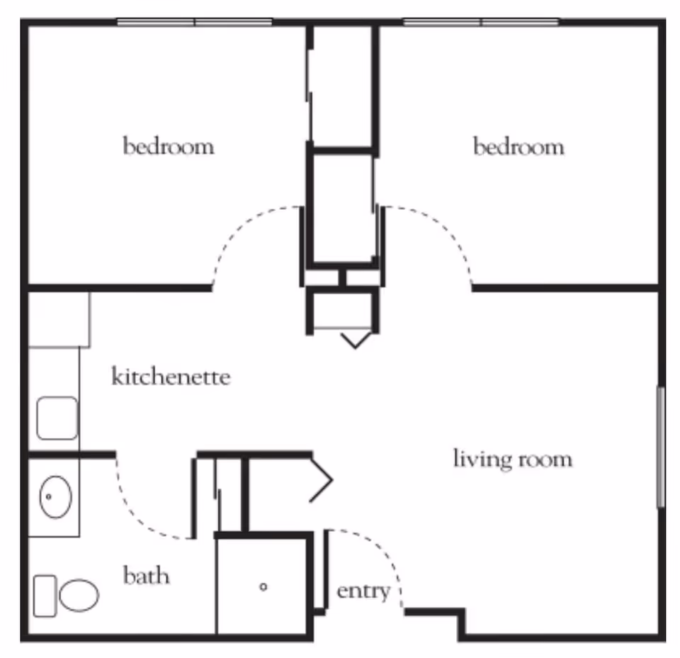 Floor plan layout showing two bedrooms, a kitchenette, a bathroom, a living room, and an entry area.