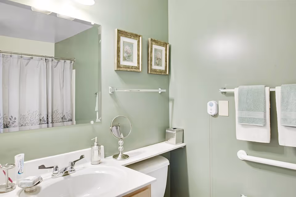 A light green bathroom with a sink and mirror, shower curtain, towels on a rack, and framed wall art.
