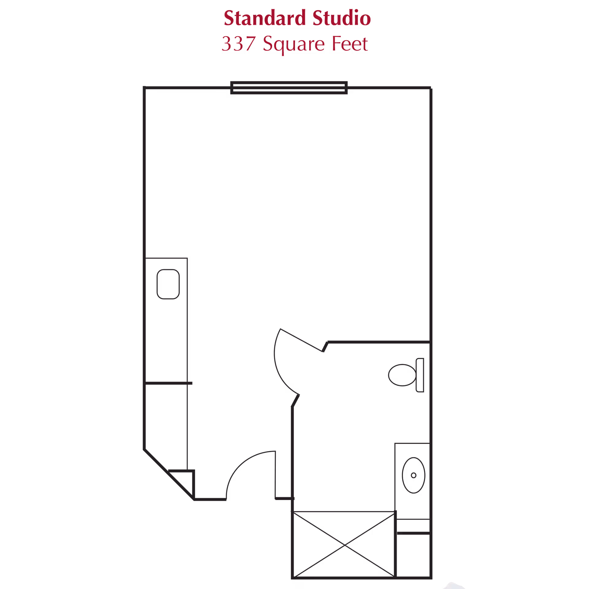 Floor plan of a standard studio apartment with 337 square feet, showing a main living area, a bathroom with a toilet and sink, and a small kitchen area.