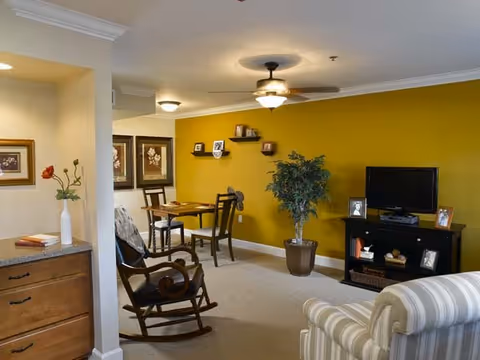 Cozy living room with a rocking chair, striped armchair, small dining table, TV on a console, and a potted plant in front of a mustard-yellow accent wall.