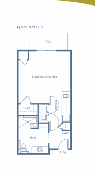 Floor plan of a 572 square foot living space at Merrill Gardens at Burien, showing an entry leading into a kitchen area with closets, a combined sleeping and living area with access to a deck, a bathroom with toilet and sink, and a washer/dryer area.