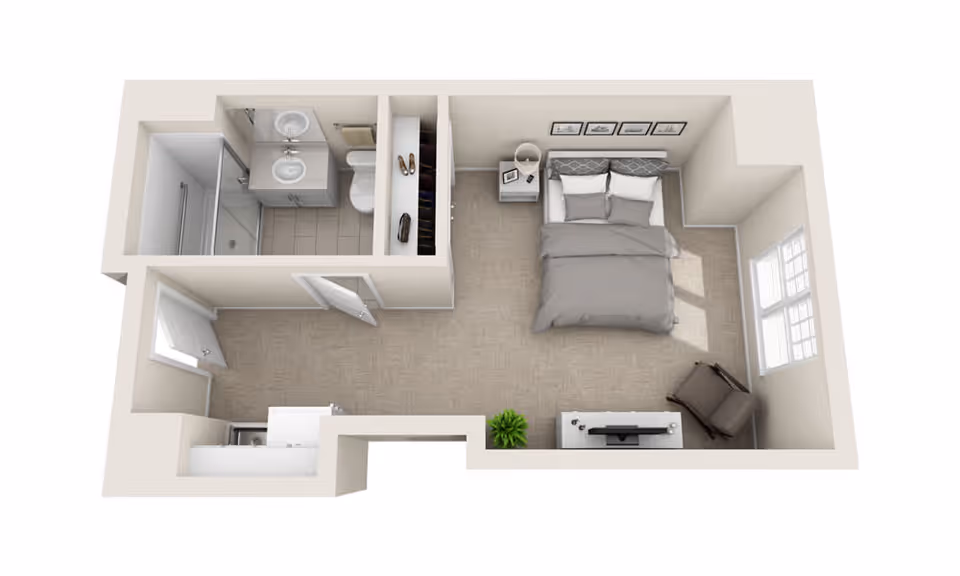 3D floor plan of a small apartment unit featuring a bedroom with a double bed, nightstand, chair, and TV stand. Adjacent to the bedroom is a bathroom with a shower, sink, and toilet. There is also a small closet space and a kitchenette area near the entrance.