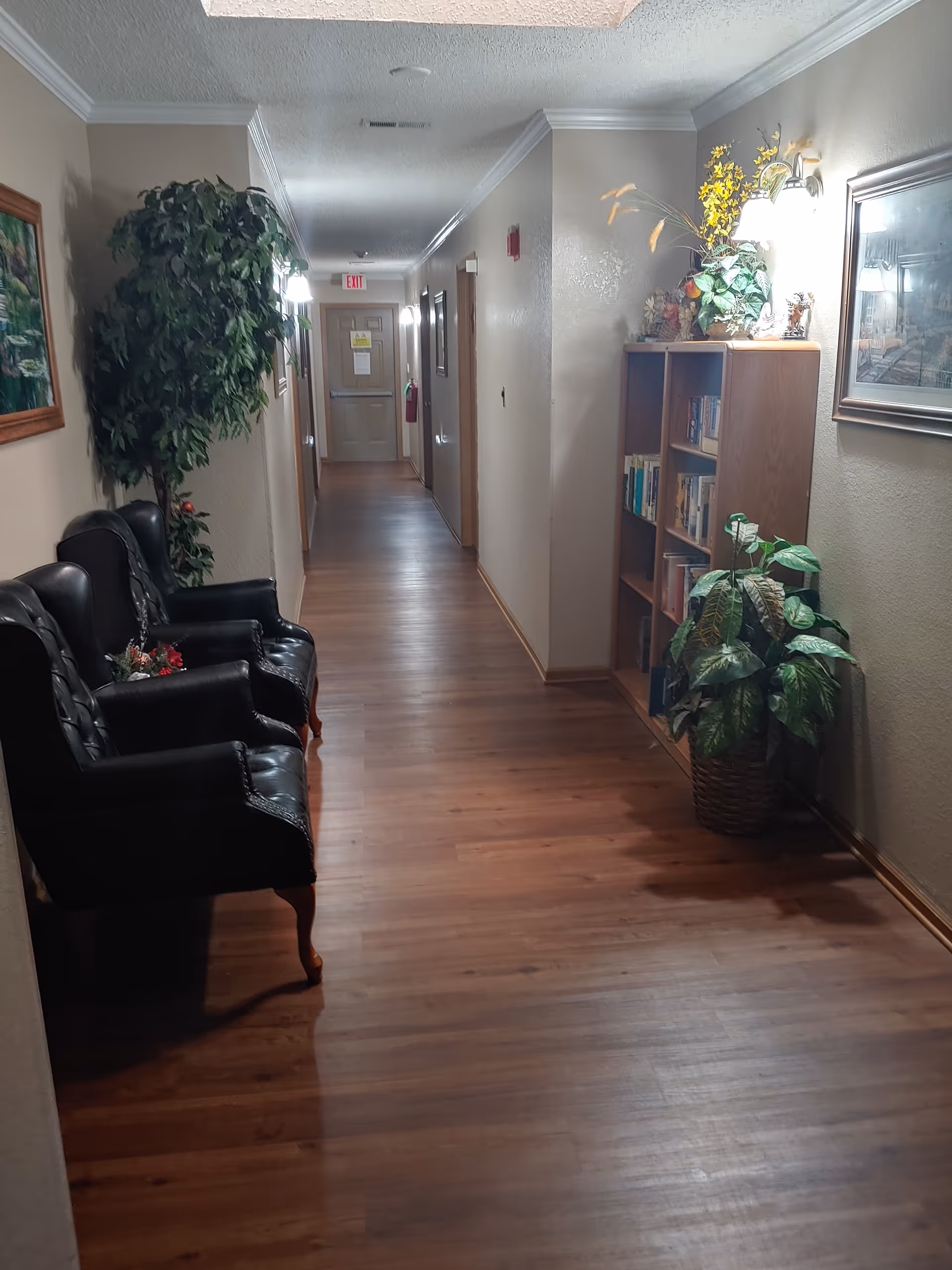 A well-lit hallway with wooden flooring and beige walls. On the left side, there are three black leather chairs and a large potted plant. On the right side, there is a wooden bookshelf with books and decorative plants on top, along with a framed picture on the wall. The hallway leads to a closed door with an exit sign above it.