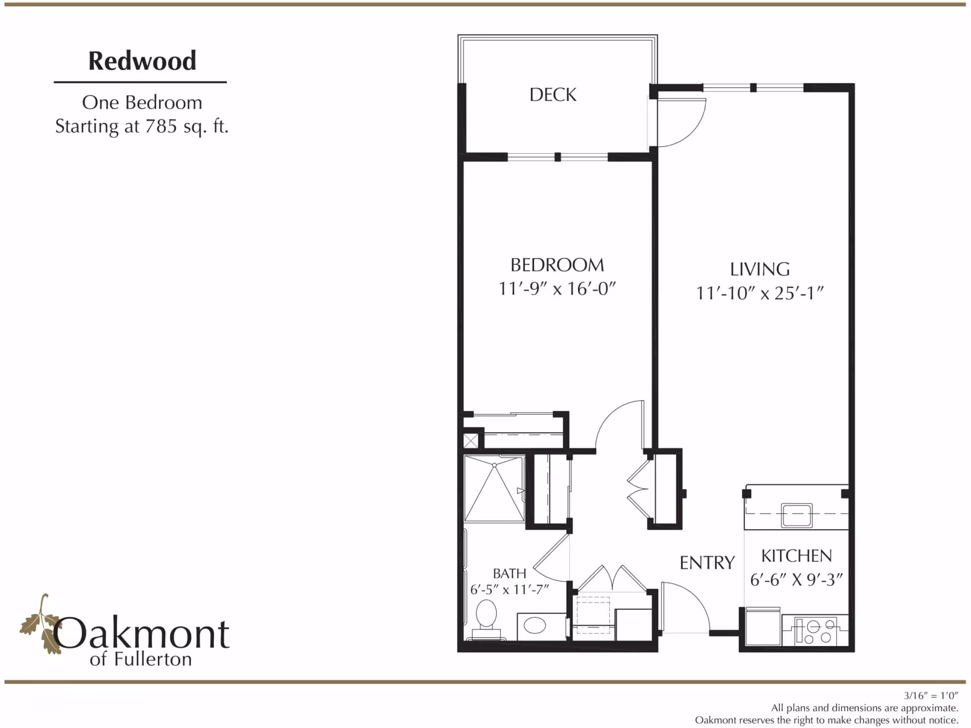 Floor plan of a one-bedroom apartment named Redwood at Oakmont of Fullerton, showing a bedroom, living room, kitchen, bathroom, entry, and deck with dimensions.