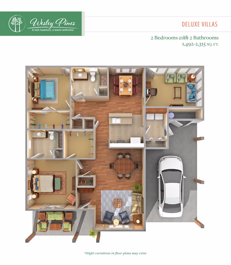 3D floor plan of a deluxe villa at Wesley Pines Retirement Community showing 2 bedrooms, 2 bathrooms, a kitchen with island, dining area, living room, laundry room, garage, and a porch with outdoor seating.
