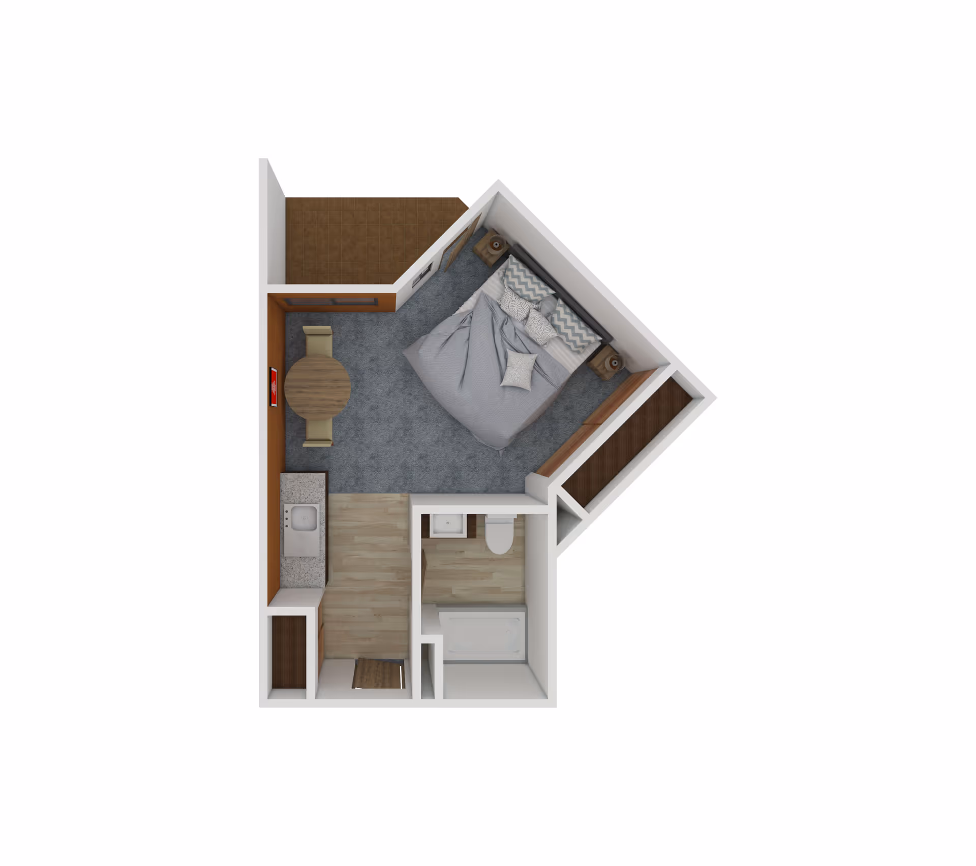 Top-down 3D floor plan of a studio apartment showing a bed, small dining table, kitchenette, and bathroom.