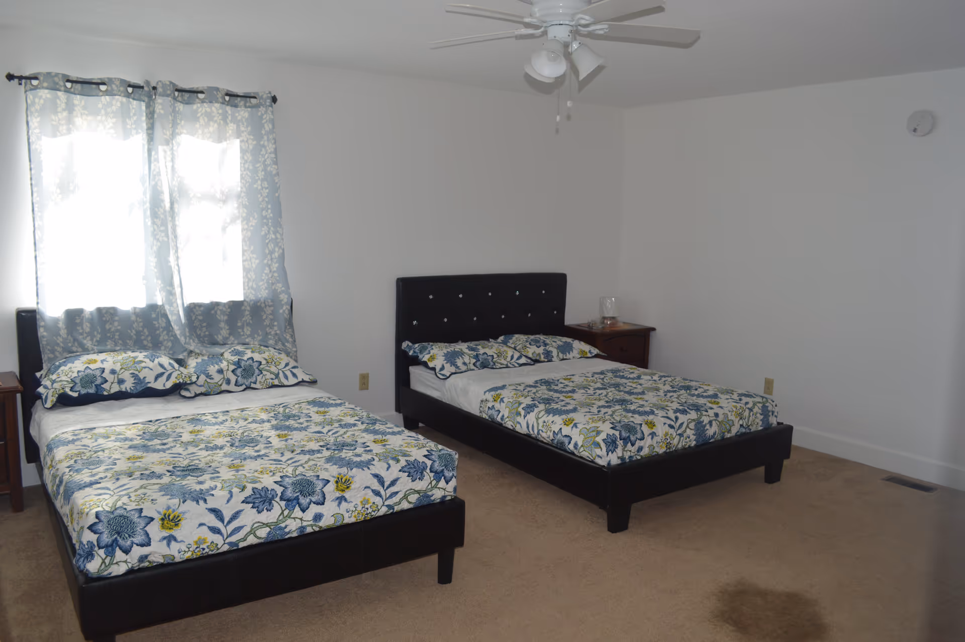 A bedroom with two beds featuring black upholstered headboards and floral patterned bedding in shades of blue, green, and yellow. There are two windows with blue and white floral curtains on the left wall, a ceiling fan with lights above, and a wooden nightstand between the beds with a glass candle holder on it. The walls are white and the floor is carpeted in beige.