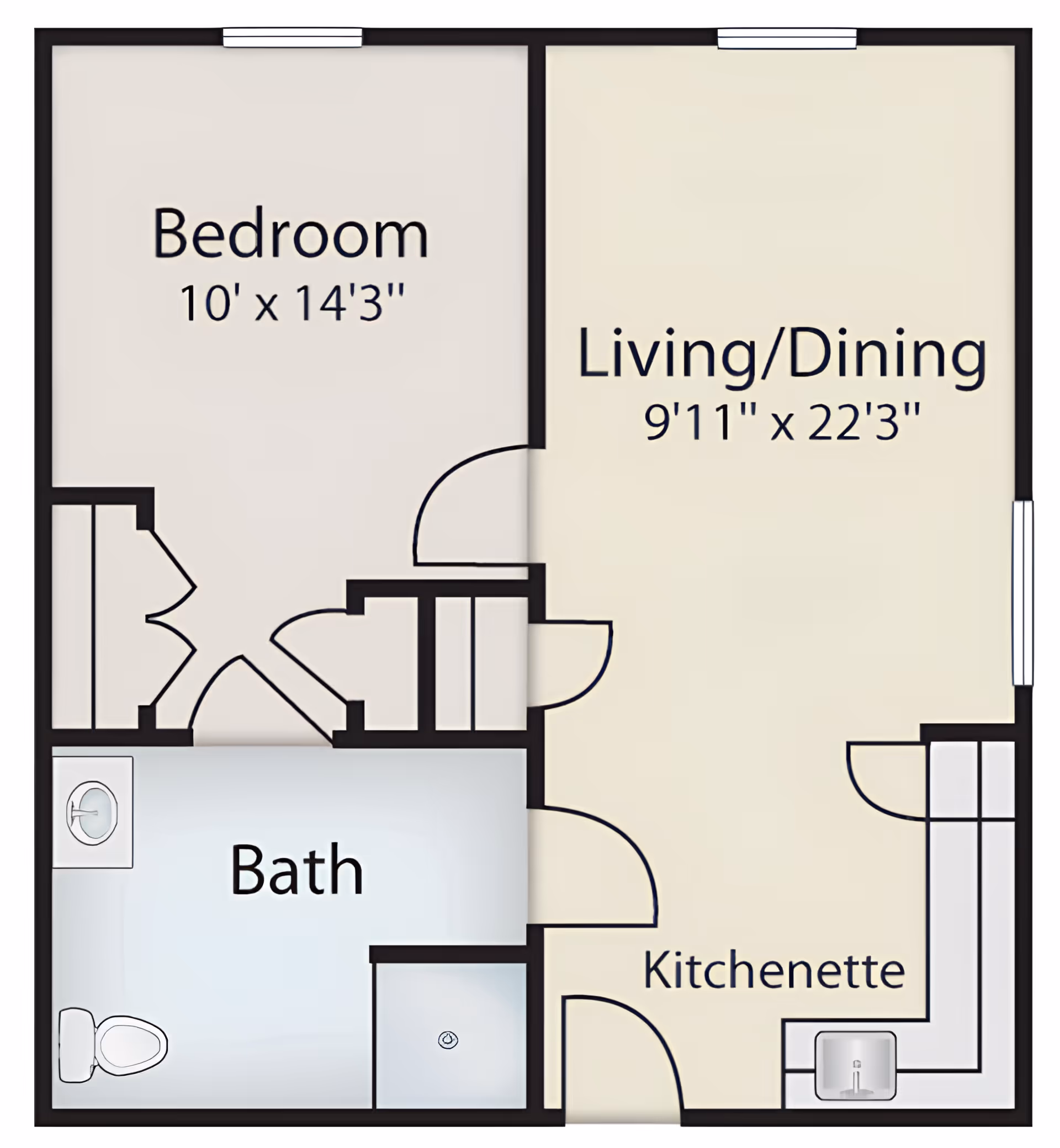 Floor plan of a senior living unit at Commonwealth Senior Living at the West End showing a bedroom measuring 10 feet by 14 feet 3 inches, a combined living and dining area measuring 9 feet 11 inches by 22 feet 3 inches, a bath with a toilet and sink, and a kitchenette area.