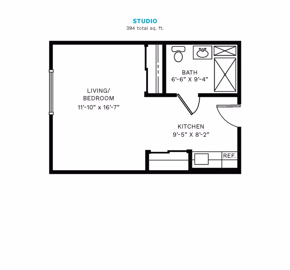 Floor plan of a studio apartment with a total area of 394 square feet, showing a combined living and bedroom area measuring 11 feet 10 inches by 16 feet 7 inches, a bathroom measuring 6 feet 6 inches by 9 feet 4 inches, and a kitchen measuring 9 feet 5 inches by 8 feet 2 inches with a refrigerator.
