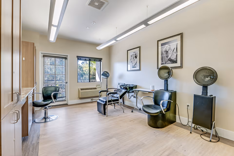 Bright salon room with styling chairs, hooded hair dryers, cabinets, and windows.