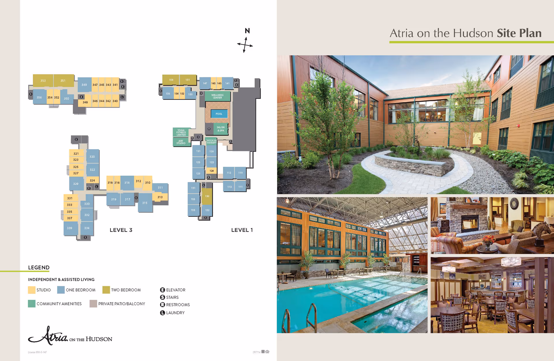 Atria on the Hudson site plan showing levels 1 and 3 with color-coded apartment types and community amenities. To the right, four images show an outdoor courtyard with trees and a stone bench, an indoor swimming pool with large windows, a cozy living room with a fireplace and comfortable seating, and a dining room with multiple tables and chairs.