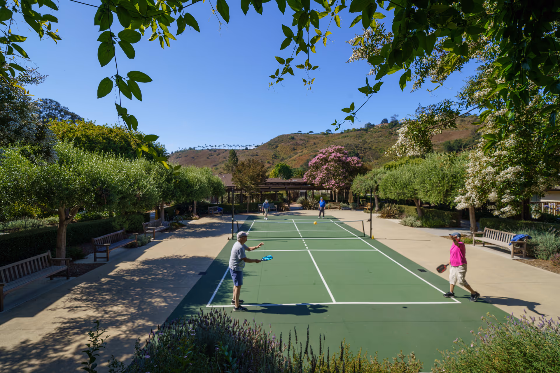 Four people playing pickleball on an outdoor court surrounded by trees, benches, and landscaped greenery with hills in the background under a clear blue sky.