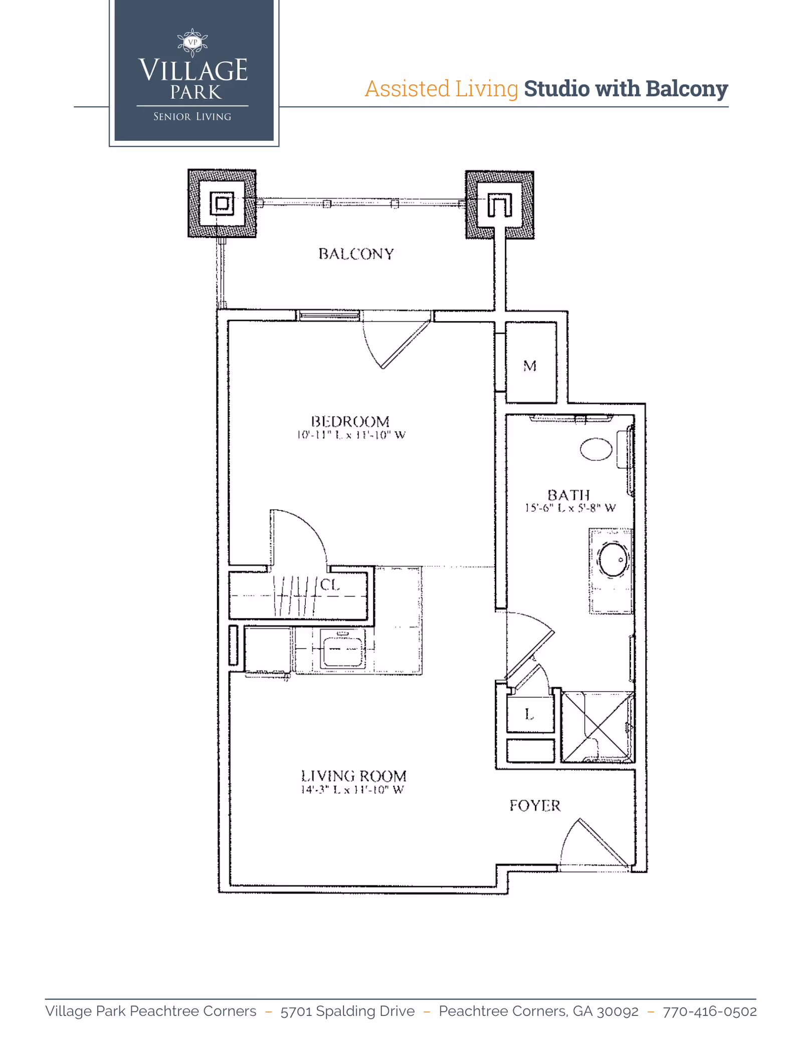 Black-and-white floor plan drawing of an assisted living studio apartment with a balcony, showing labeled living room, bedroom, bath, foyer, and dimensions.