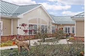 Exterior view of a single-story building with beige siding and green metal roofing under a partly cloudy sky. There is a landscaped garden with shrubs and a decorative deer statue in the foreground.