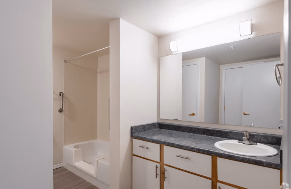A bathroom with a built-in bathtub featuring a safety seat and grab bar, a countertop with a sink, cabinets underneath, a large mirror above the sink, and two closed white doors reflected in the mirror.