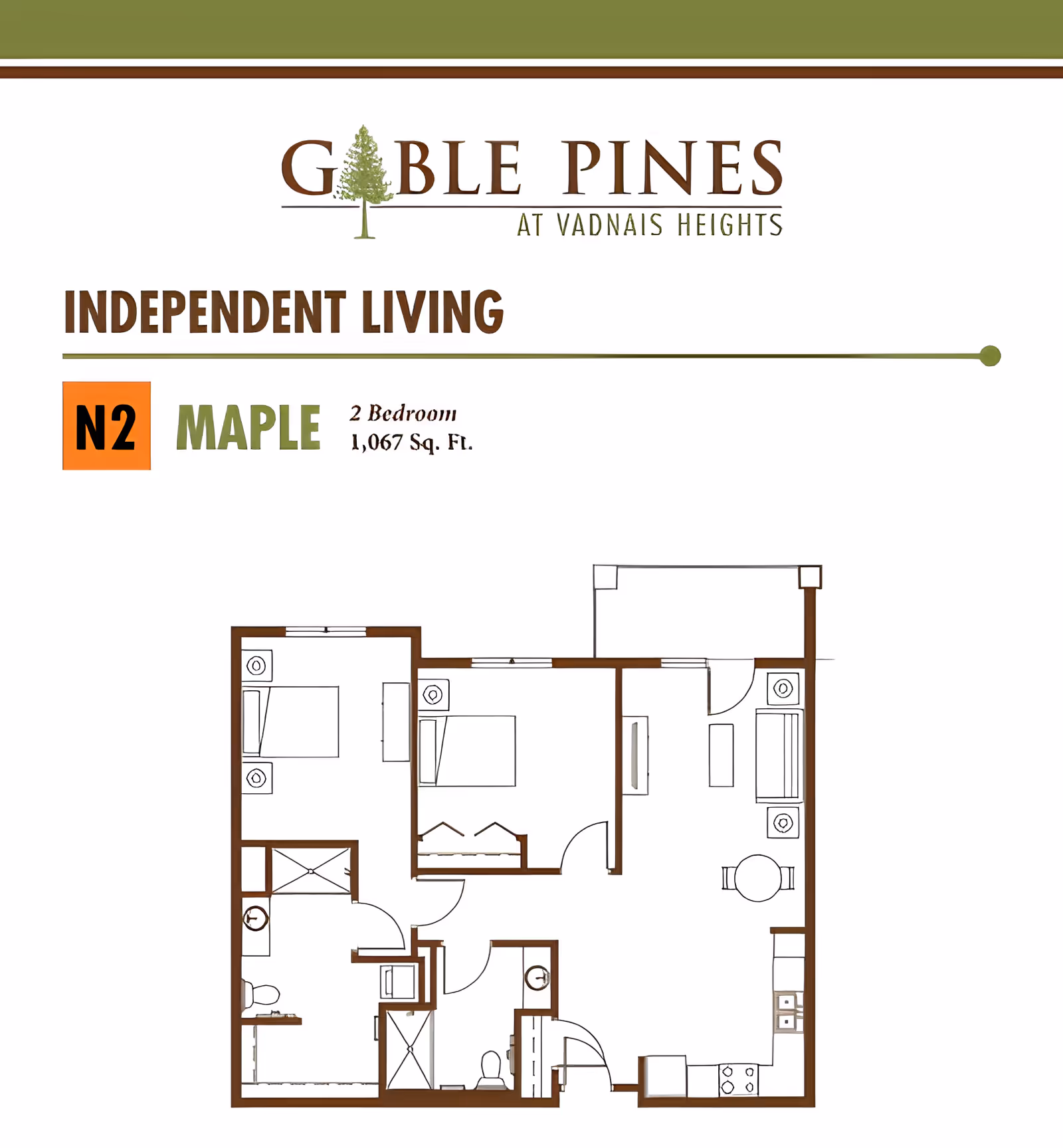 Floor plan for Gable Pines 'Maple' N2 independent living two-bedroom, 1,067 sq. ft. apartment layout.