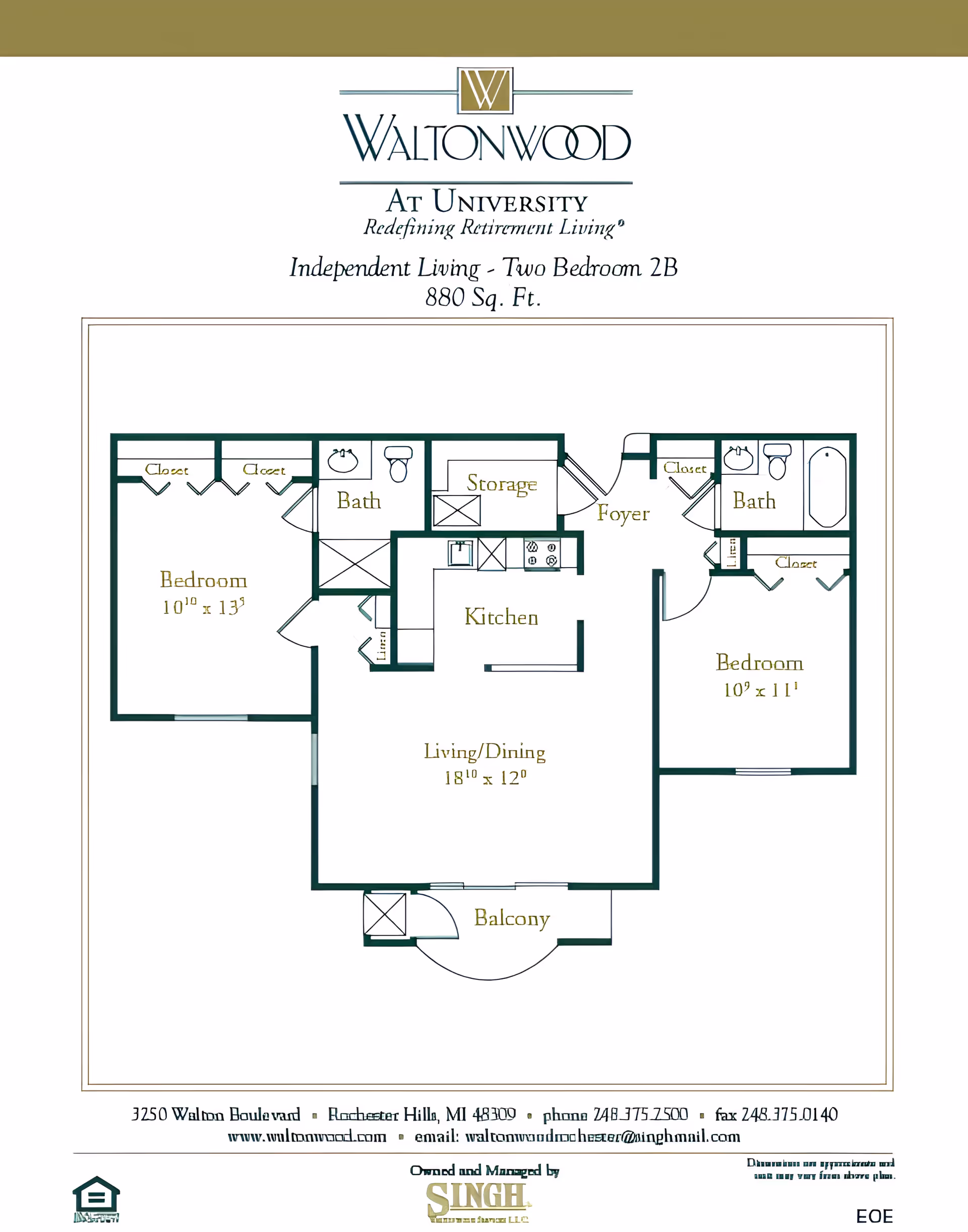 Labeled floor plan for Waltonwood At University showing a two-bedroom, two-bath 880 sq. ft. apartment with kitchen, living/dining area and balcony.