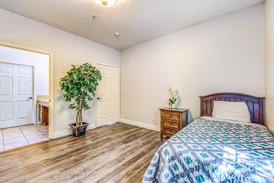 Bright bedroom with a single bed, wooden nightstand, potted plant and an open doorway.