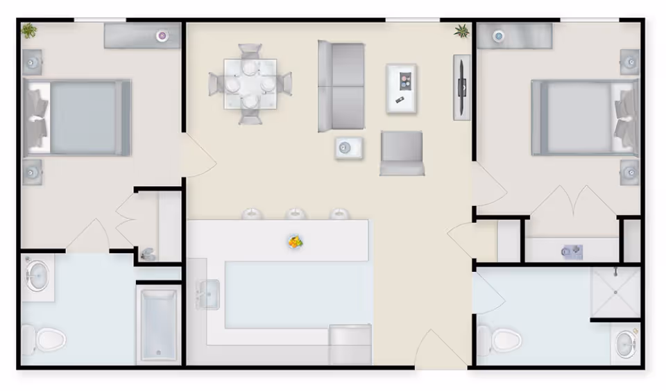 Floor plan of an apartment at The Village at Primacy Place showing two bedrooms, two bathrooms, a living room with seating and TV, a dining area with a table and four chairs, and a kitchen with a counter and three stools.