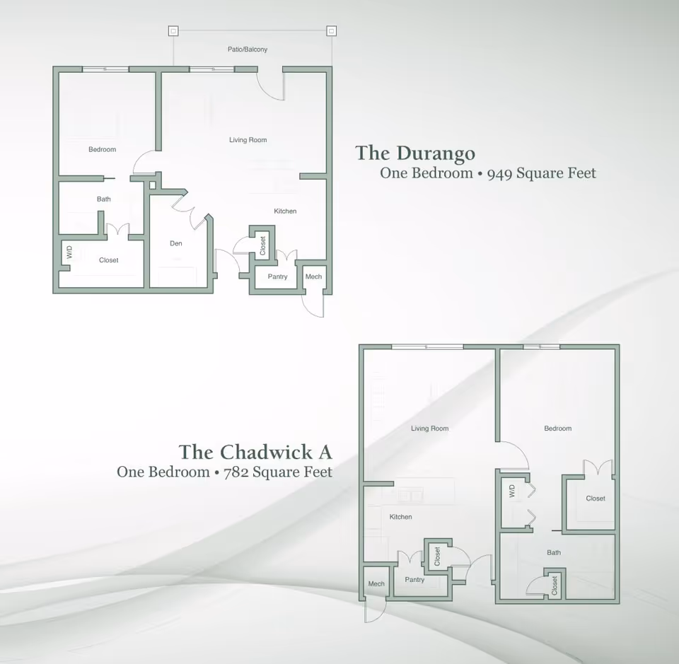 Floor plans for two one-bedroom apartments named The Durango and The Chadwick A. The Durango is 949 square feet and includes a bedroom, bath, closet, W/D, den, living room, kitchen, pantry, and mechanical room with a patio/balcony. The Chadwick A is 782 square feet and includes a bedroom, bath, closet, W/D, living room, kitchen, pantry, and mechanical room.