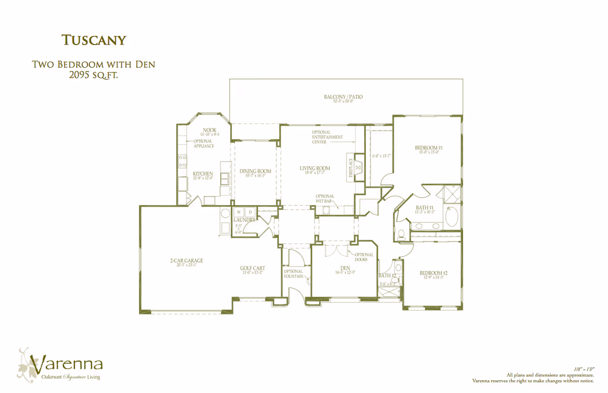 Floor plan of the Tuscany model at Varenna at Fountaingrove, showing a two-bedroom with den layout covering 2095 square feet. The plan includes a 2-car garage, golf cart space, kitchen with nook, dining room, living room with optional entertainment center and wet bar, two bedrooms, two bathrooms, a den with optional doors, laundry area, and a balcony/patio.