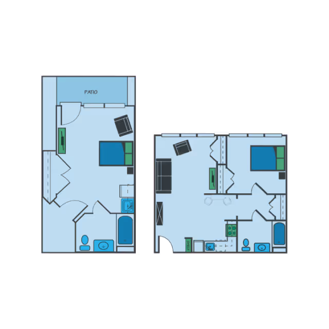 Two architectural floor plans of senior living apartments. The left plan shows a one-bedroom unit with a patio, living area, kitchen, and bathroom. The right plan shows a two-bedroom unit with a living room, kitchen, two bathrooms, and bedrooms. Both layouts include furniture such as beds, chairs, and sofas.