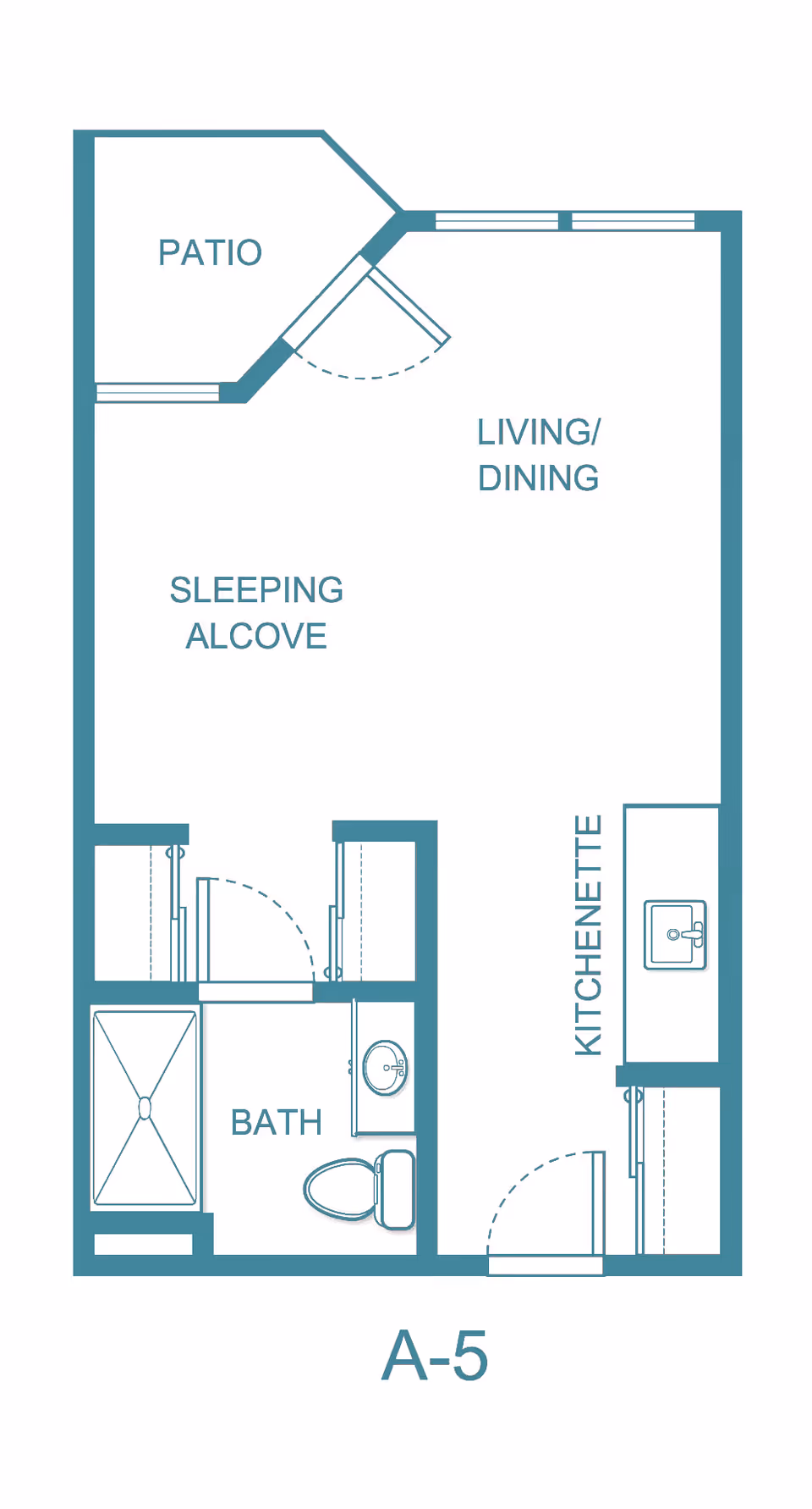 Floor plan labeled A-5 showing a studio layout with a patio, living/dining area, sleeping alcove, kitchenette, and bathroom.